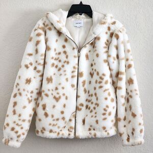 JACKET-HOODIE-NINE WEST-White Soft Faux Fur with Tan Spots-Lines-Size SMALL